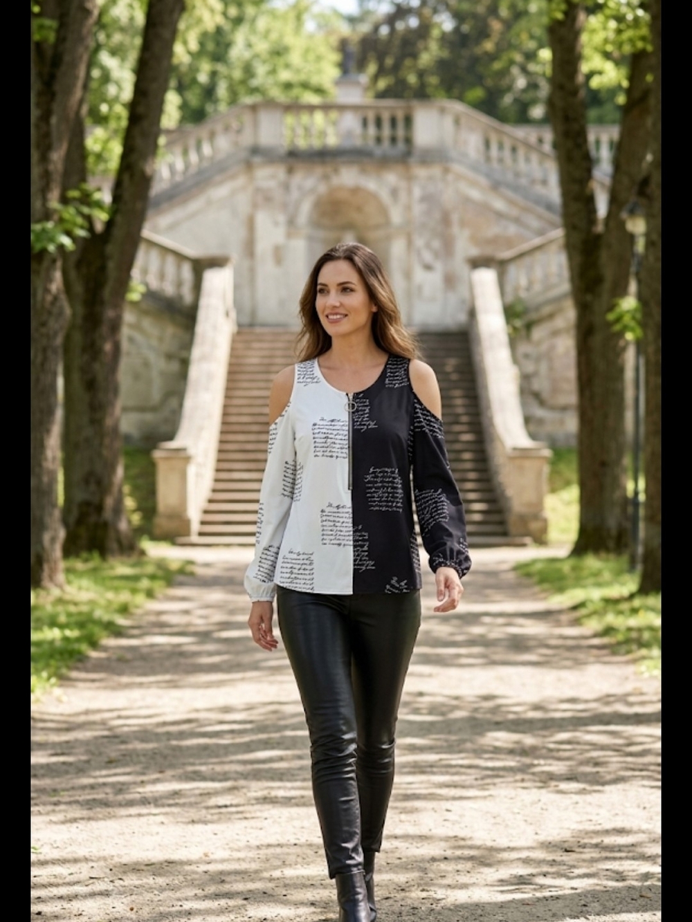 Elegant Black & White Top - Cold Shoulder Details & Elastic Cuffs L/XL